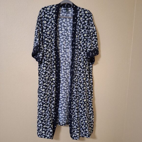 Daisy Print Long Kimono Cardigan‎ Duster Boho Hippie Beachy OS - Picture 2 of 8